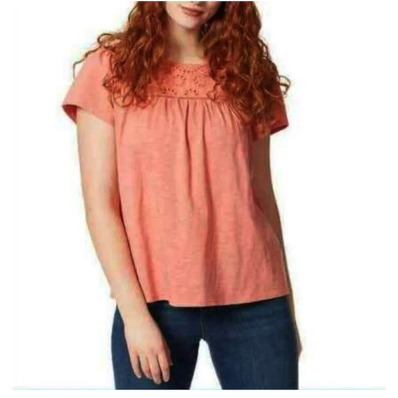 Ella Moss Embroidered Yoke Short Sleeve Tee Orange/Coral Size XXL - Picture 1 of 9